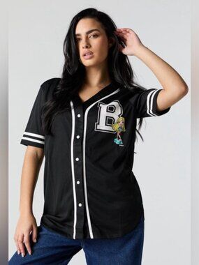 Bratz Graphic Mesh Baseball Jersey Black & White Button Down Streetwear